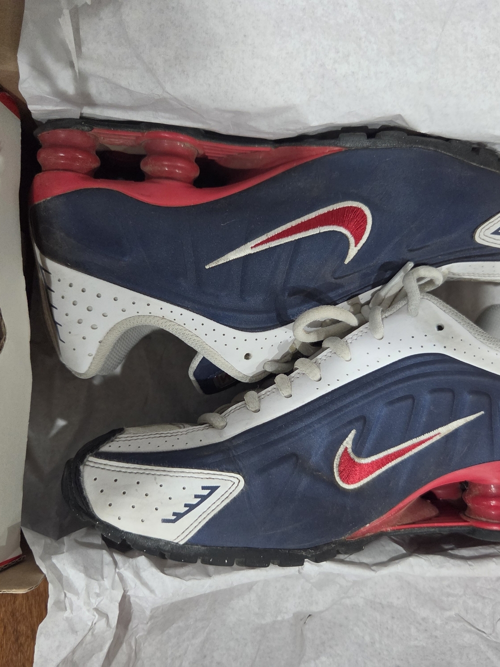 Boy's Nike Shox Running Sneakers - Navy Blue, White & Red